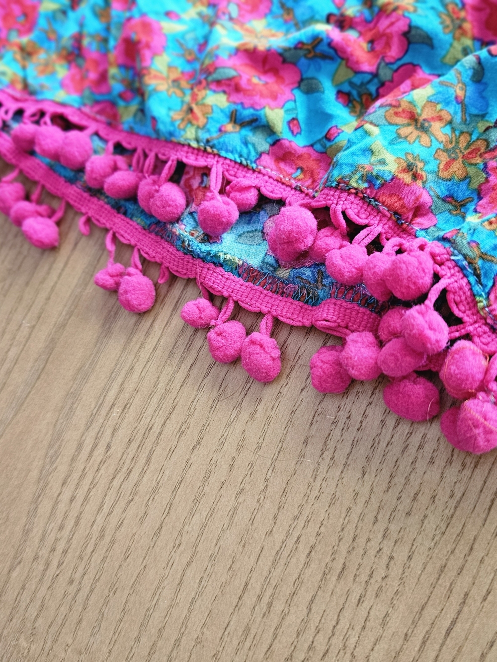 NATURAL LIFE Teal Floral High-Waist Shorts with Hot Pink Pom Pom Trim - Picture 2 of 5